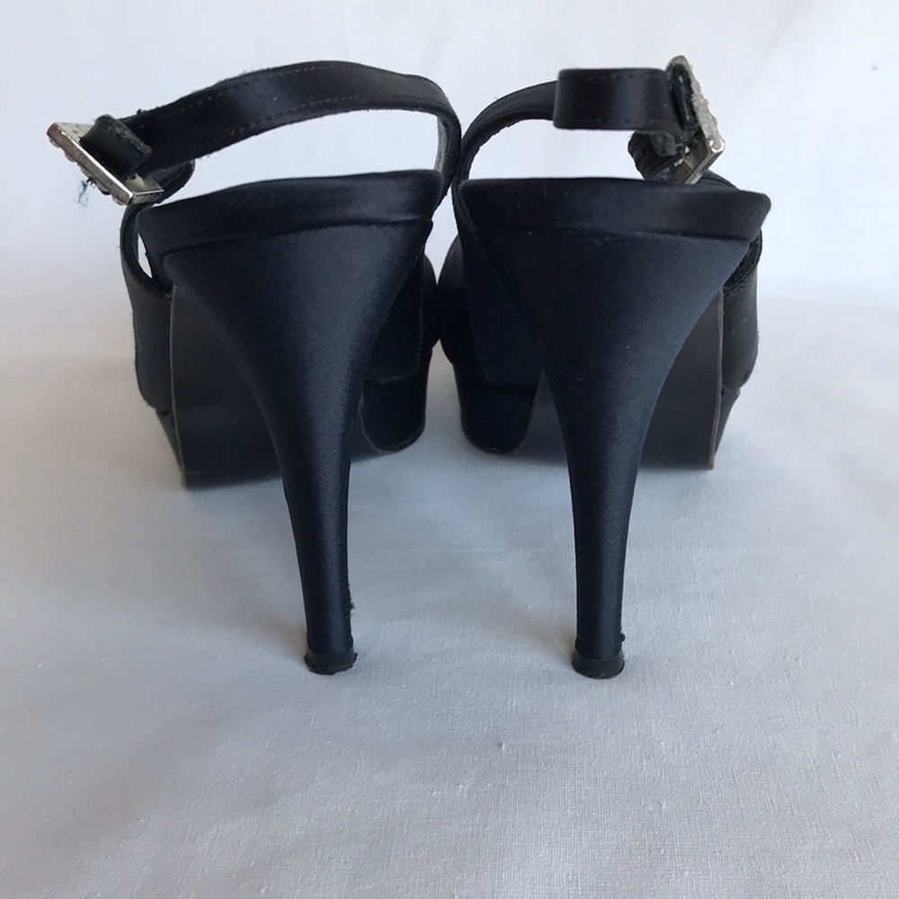 St. John black satiny platform heels with ankle strap, crystal buckle, size 6.5 - Picture 3 of 7